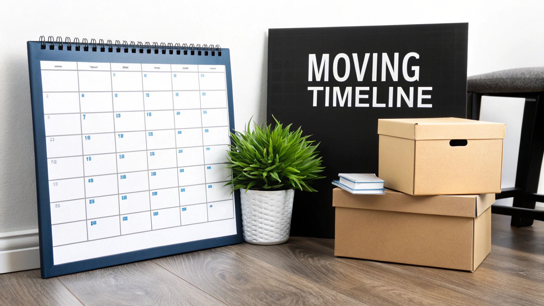 A calendar, moving timeline sign, boxes, and a plant on a wooden floor.