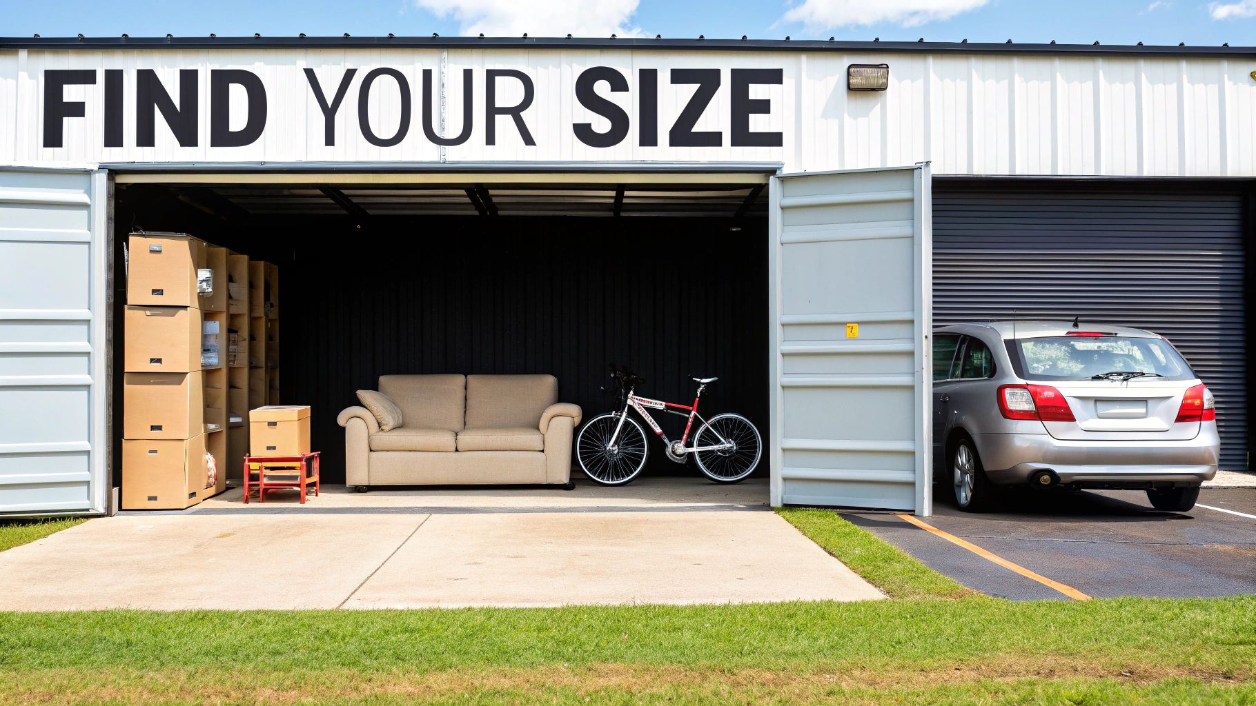 A self-storage unit with an open door, revealing boxes, a sofa, and a bicycle inside.
