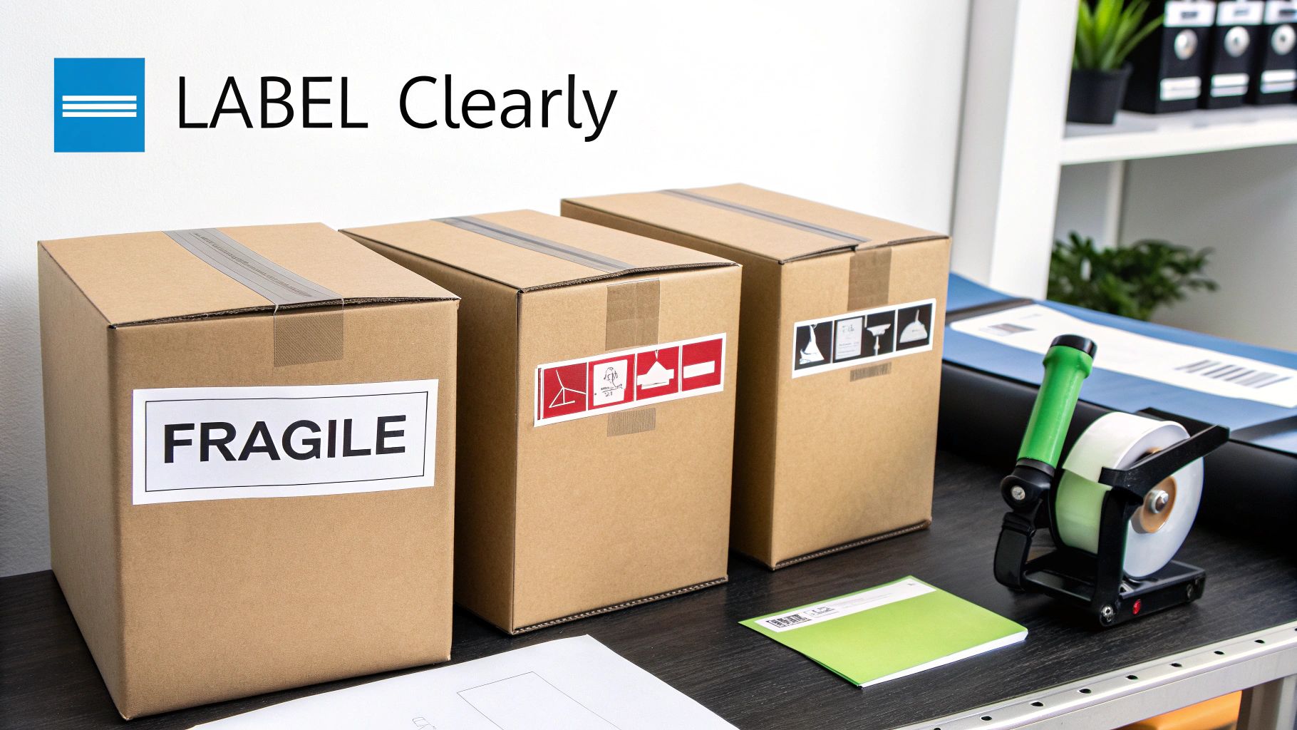 Three cardboard shipping boxes with various labels and packing supplies on a desk.