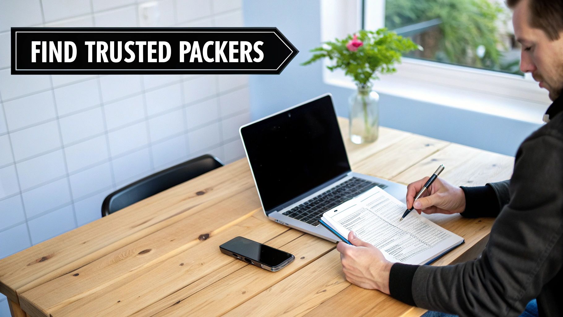 Man reviewing documents and researching trusted packing services on laptop at wooden desk