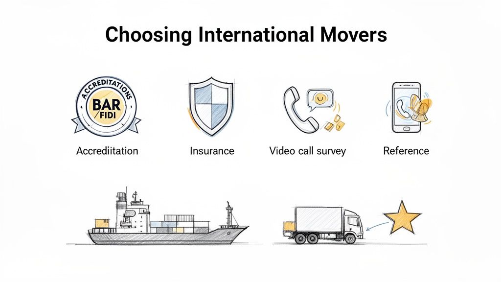 Infographic showing factors for choosing international movers: accreditation, insurance, video call survey, references, and transport options.