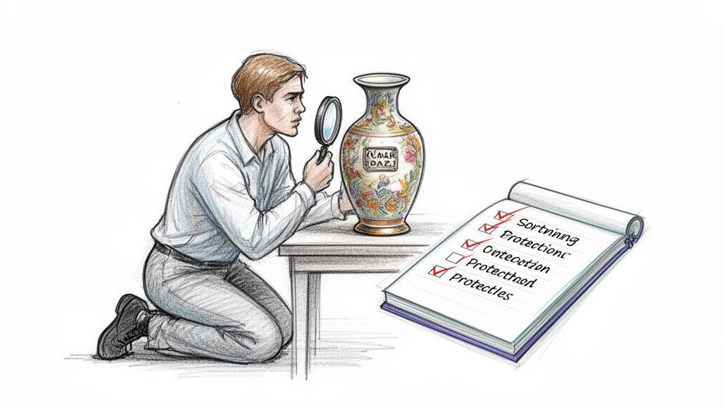 Illustration of a man examining an antique vase with a magnifying glass, next to a checklist.