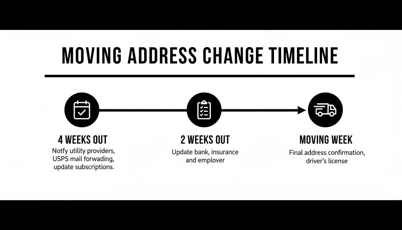 A timeline for moving address changes, detailing tasks 4 weeks out, 2 weeks out, and during moving week.