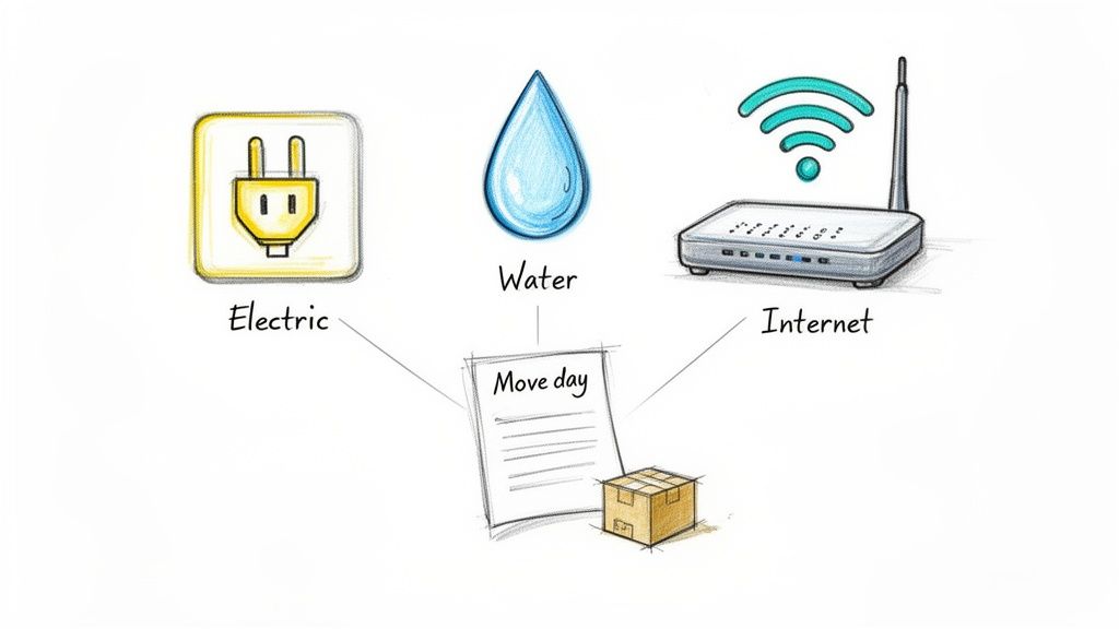 Illustration showing electric plug, water drop, and internet router connecting to 'Move day' paperwork and a moving box.