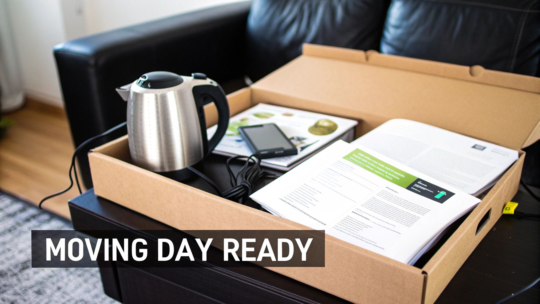 An electric kettle, smartphone, documents, and cord are packed in a cardboard box, ready for moving day.