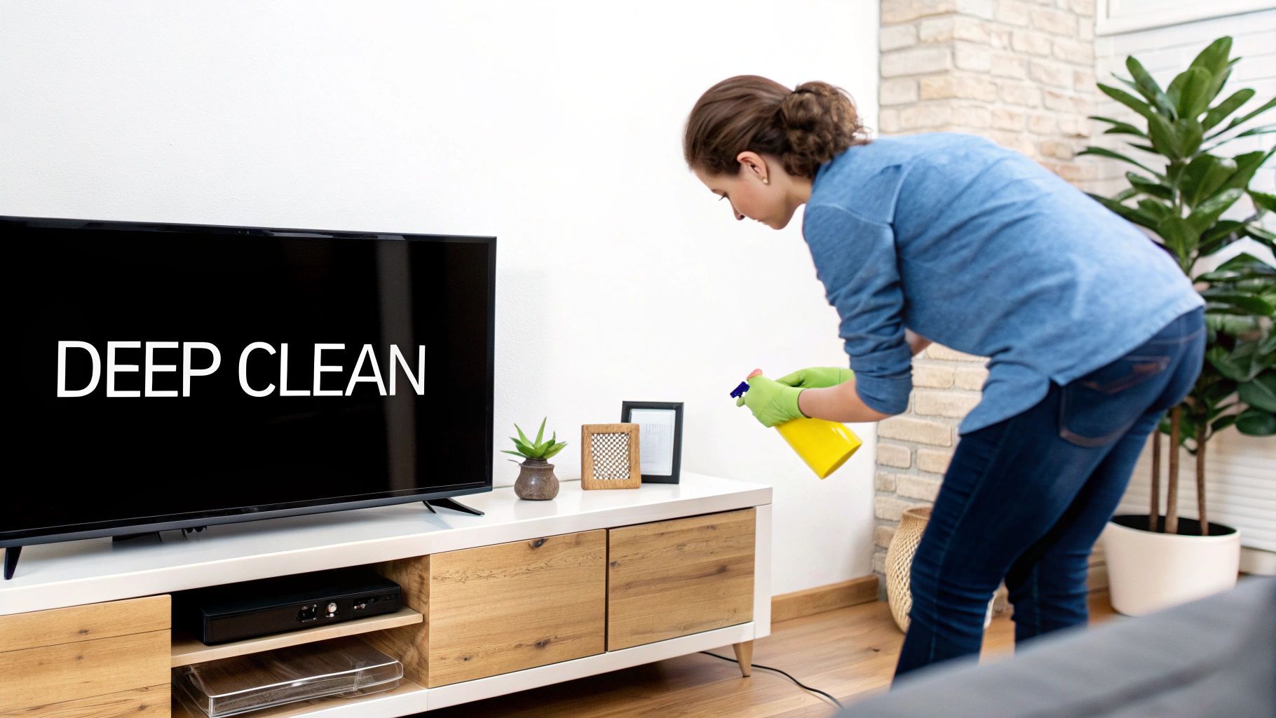 A person in green gloves sprays a cleaner on a TV stand, with 'DEEP CLEAN' visible on the TV screen.