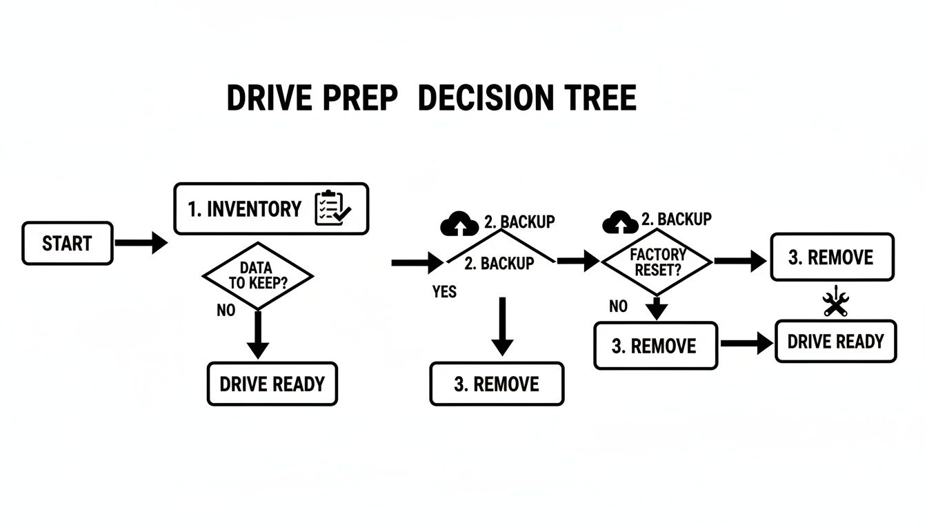 Flowchart illustrating the drive preparation decision tree, covering inventory, data backup, and removal steps.