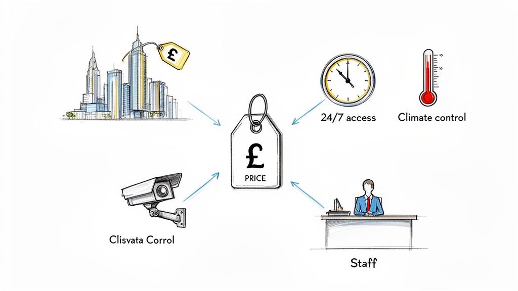 Diagram illustrating factors influencing price: city location, security, 24/7 access, climate control, and staff.