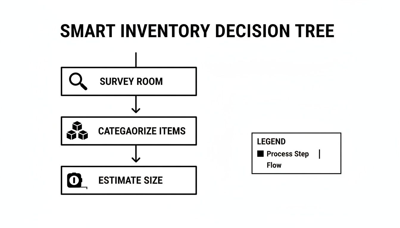 A SMART INVENTORY DECISION TREE flowchart showing steps: Survey Room, Categorize Items, and Estimate Size.
