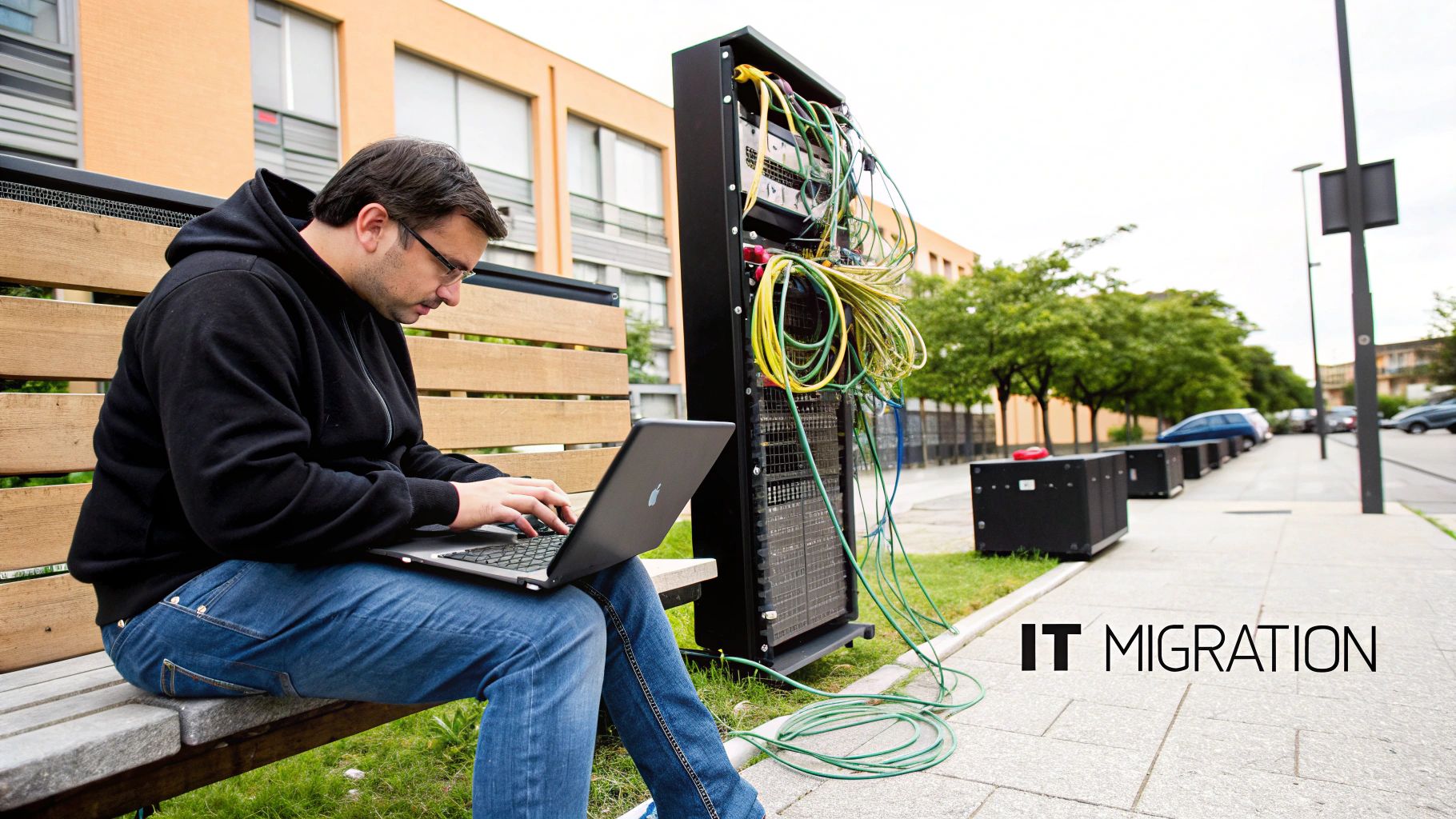 A man works on a laptop next to an outdoor server rack filled with cables for IT migration.