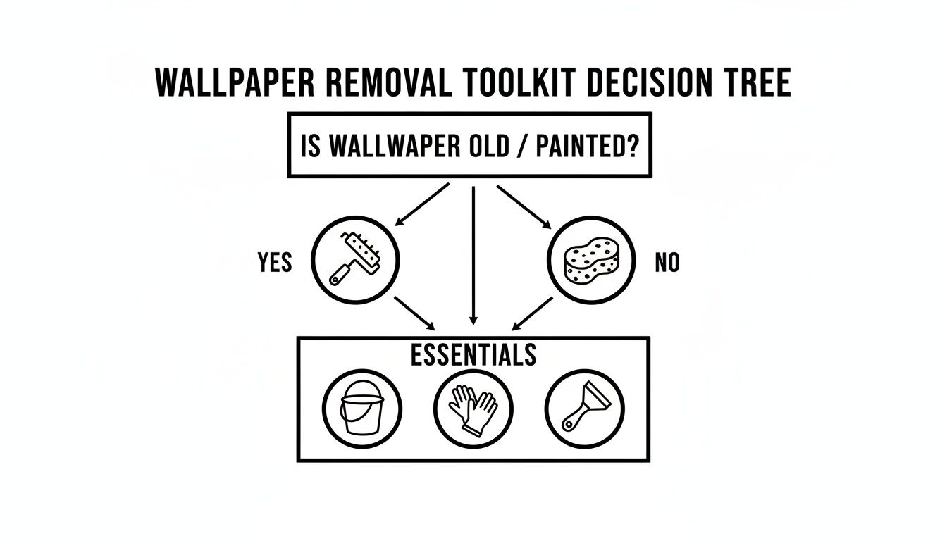 Decision tree outlining tools needed for wallpaper removal based on whether it's old or painted.