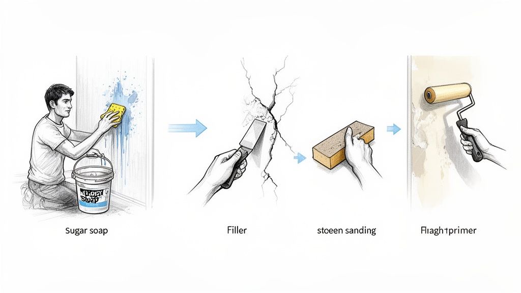 A four-step illustration showing how to repair a cracked wall: cleaning, filling, sanding, and priming.