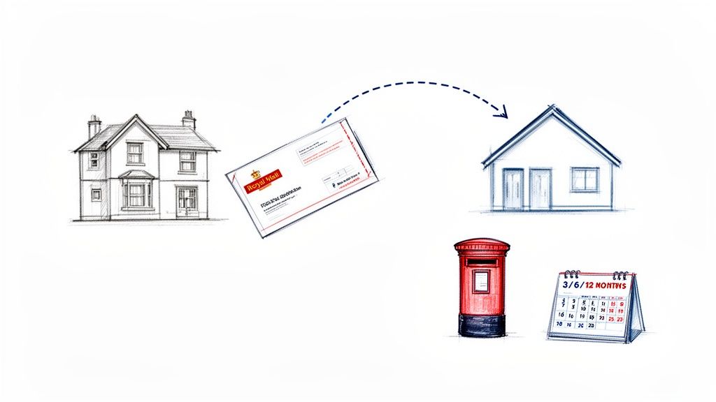 Illustration of Royal Mail letter redirection process, showing houses, a post box, and a calendar.