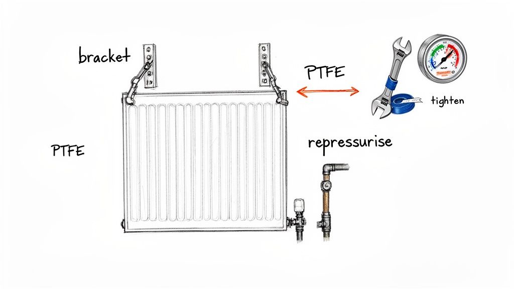 Diagram showing radiator installation or maintenance steps, including mounting bracket, PTFE tape, wrench, and repressurize instructions.