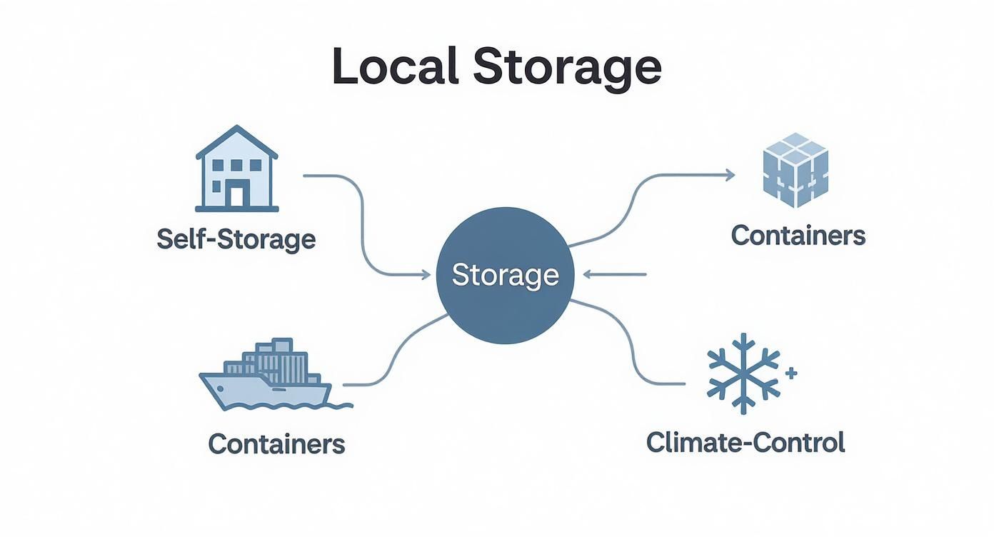 Diagram illustrating local storage options, including self-storage, containers (boxes and ship), and climate-control.