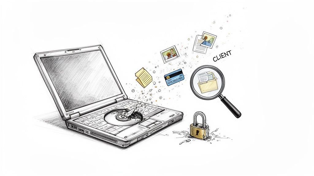 Sketch depicting data (documents, credit card) flying from a laptop with a broken disk, emphasizing data security and disposal.