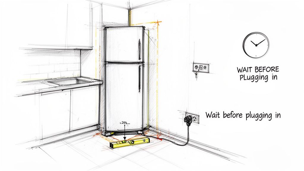 Sketch of a kitchen corner showing a refrigerator being leveled, with instructions to wait before plugging it in.