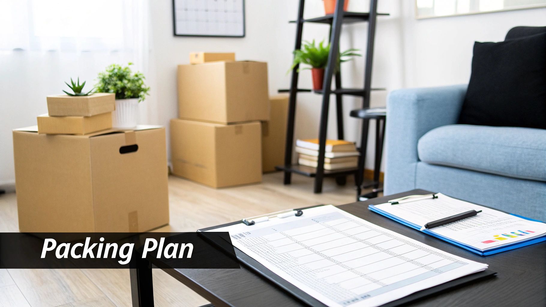 A room with moving boxes, a blue sofa, and a table displaying packing plans for house relocation.