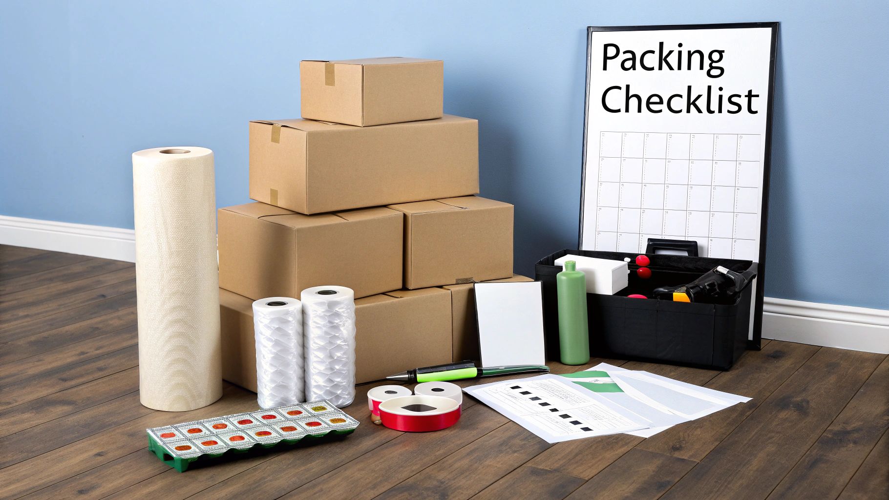 A collection of moving and packing supplies including cardboard boxes, bubble wrap, tape, and a checklist.