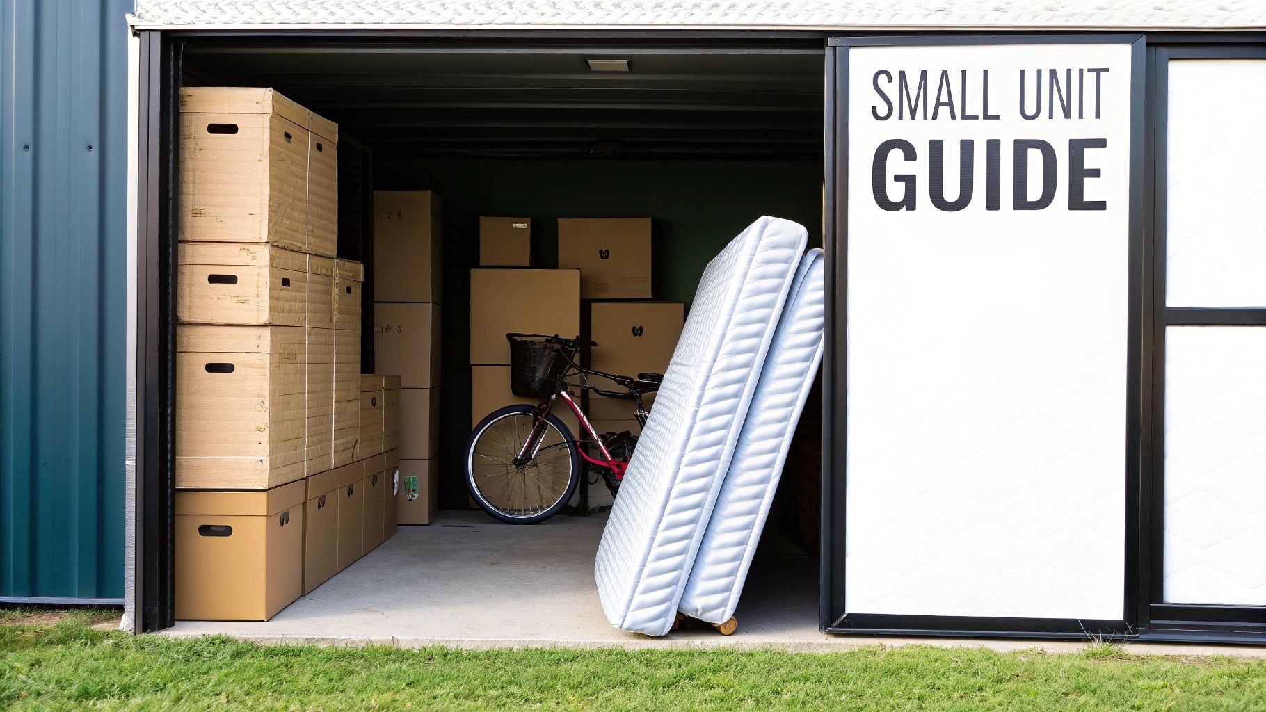 A storage unit with stacked boxes, a bicycle, and two mattresses, next to a 'SMALL UNIT GUIDE' sign.
