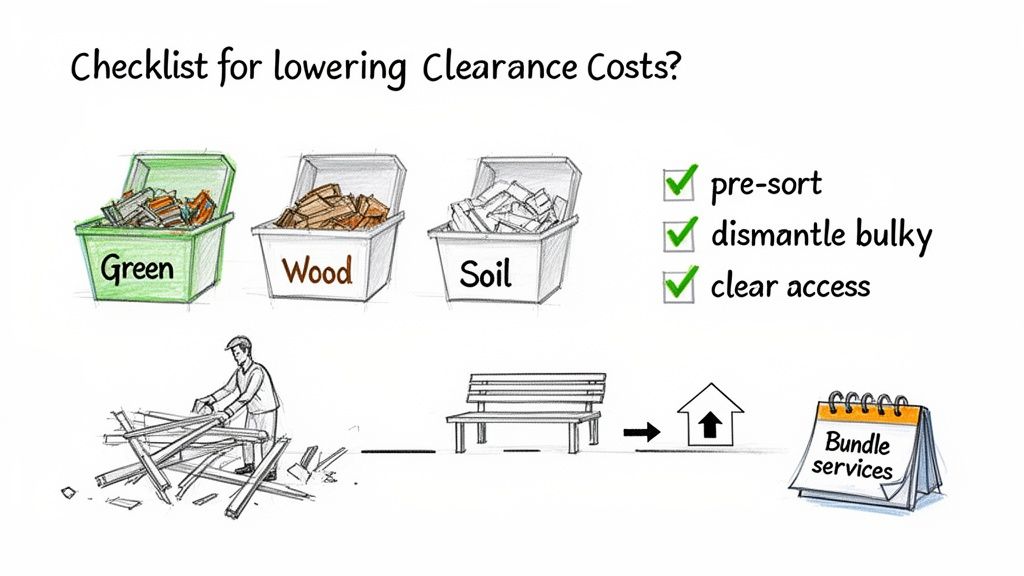 Diagram showing a checklist for lowering clearance costs, including pre-sorting waste, dismantling bulky items, and bundling services.