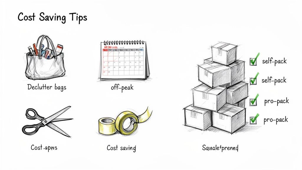 An illustration showing various cost-saving tips, including decluttering bags, off-peak timing, self-packing, scissors, and tape.