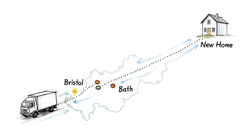Illustration of a moving truck journey from Bristol and Bath region to a new home.