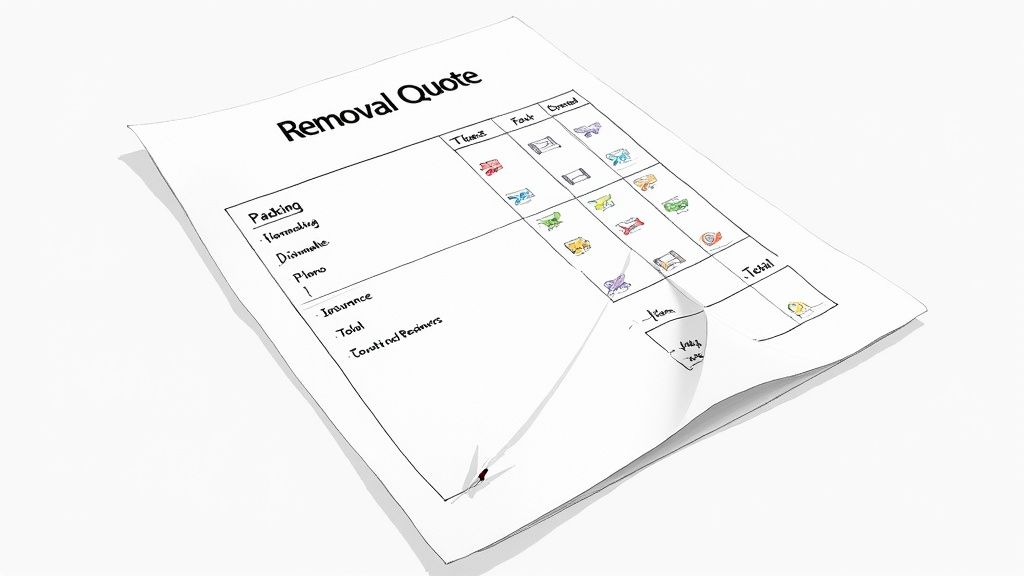 A removal quote document detailing costs for packing, insurance, and total removers with item categories.
