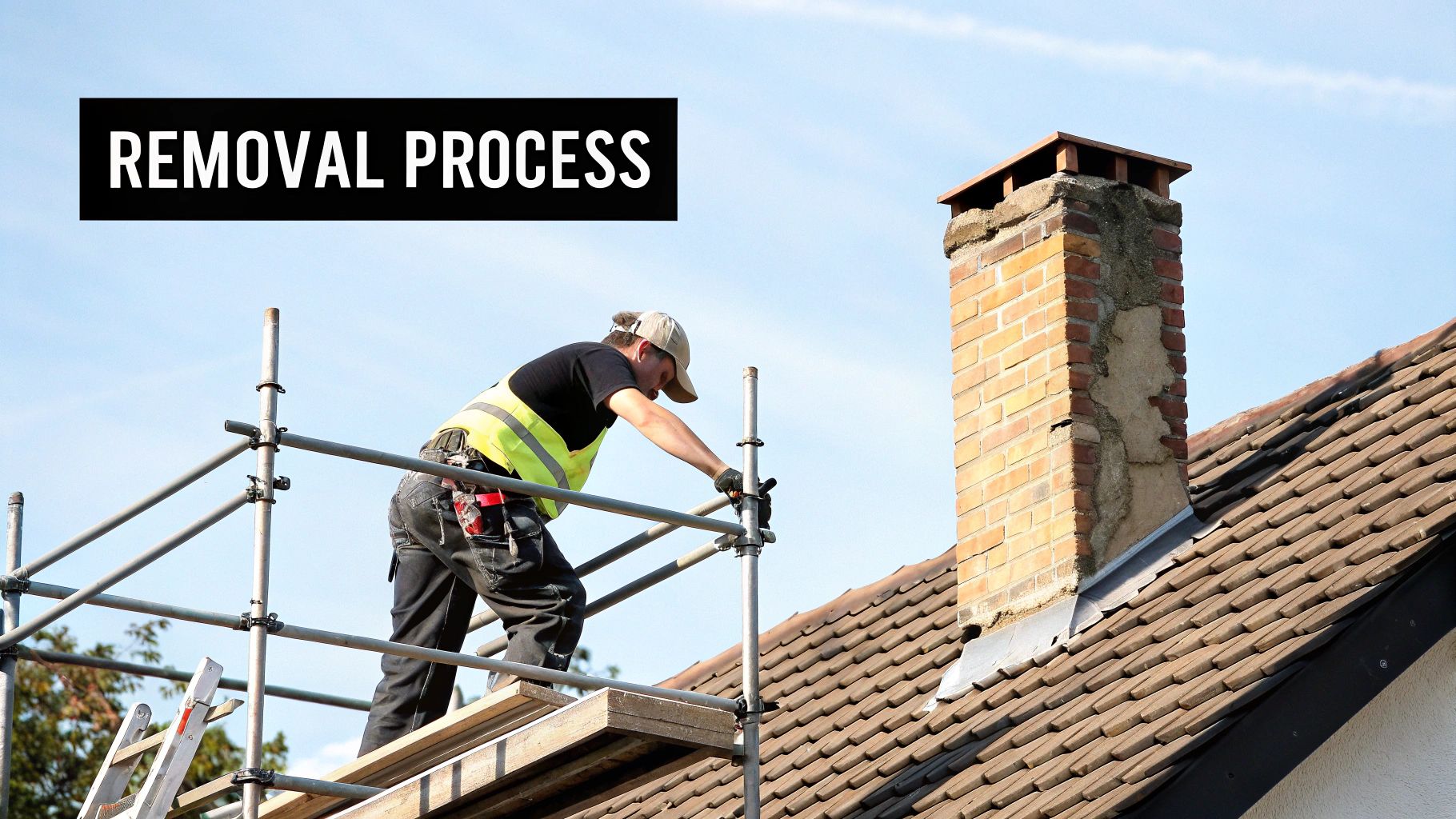 Worker in safety vest removing brick chimney from tiled roof using scaffolding