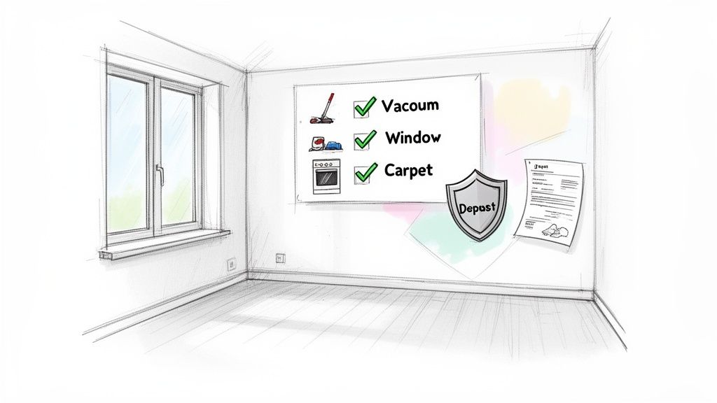 Hand-drawn room with a cleaning checklist including vacuum, window, and carpet, alongside a deposit document.