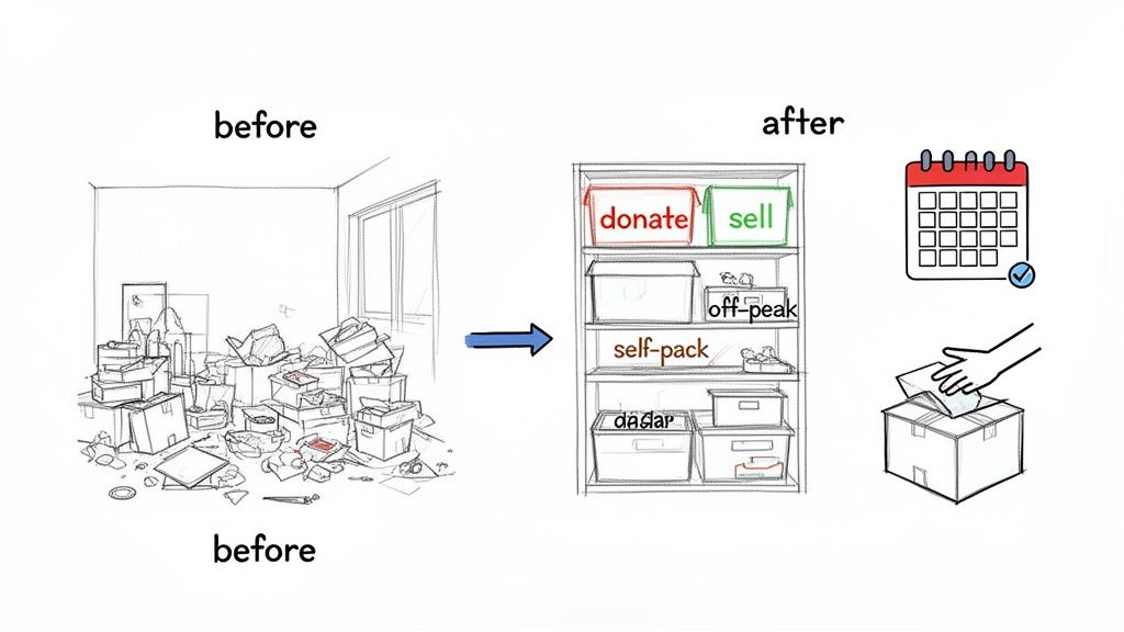 Illustration depicting a messy room before moving, transitioning to an organized shelf with labeled boxes for sorting and packing.