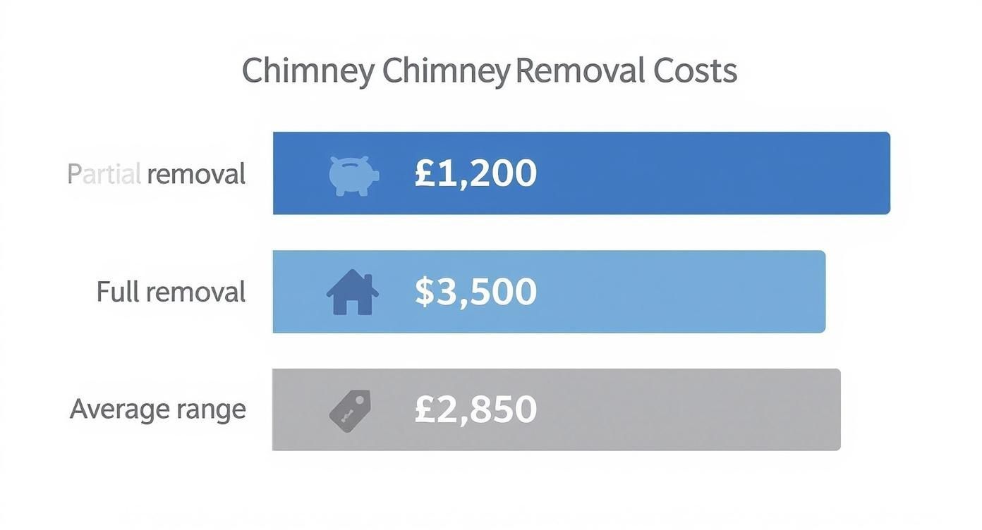 Chimney removal costs showing partial removal at £1,200, full removal at $3,500, and average range of £2,850