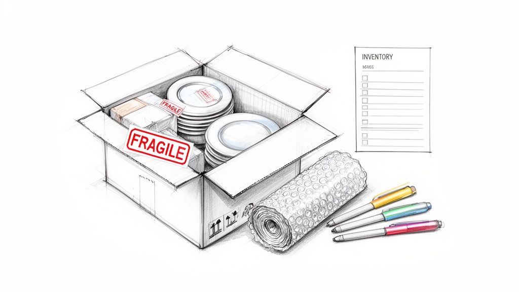 Sketch of a packing box with fragile plates, bubble wrap, colorful pens, and an inventory list.
