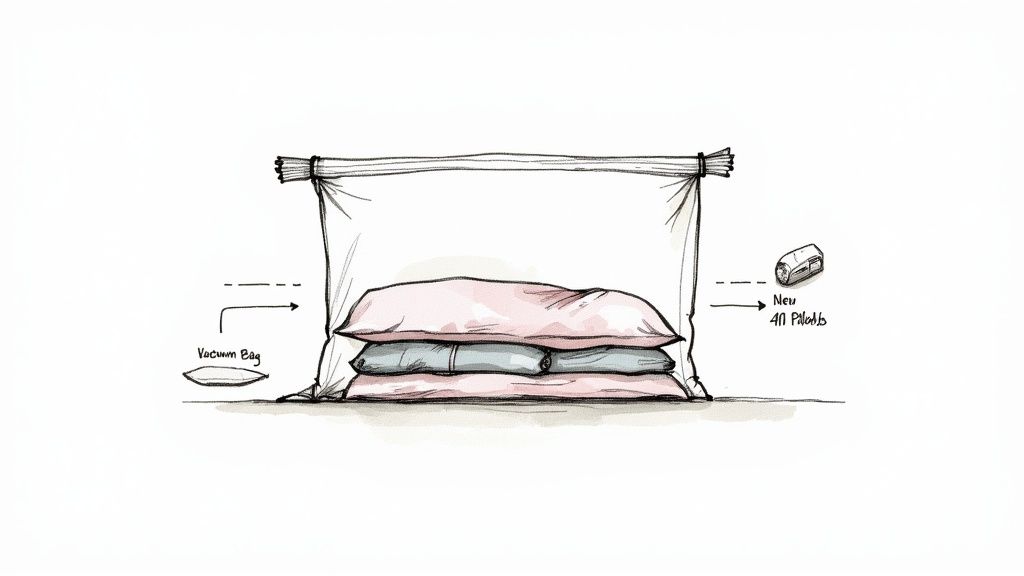 A diagram illustrating pillows being compressed inside a vacuum bag for efficient storage or moving.