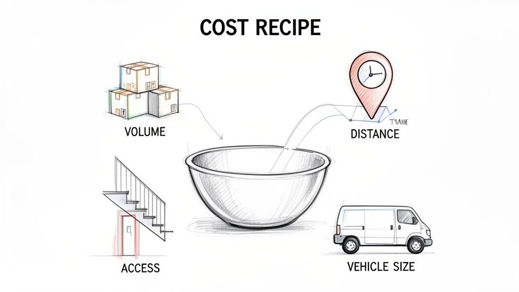 An illustration showing a 'Cost Recipe' with factors like volume, distance, access, and vehicle size poured into a bowl.
