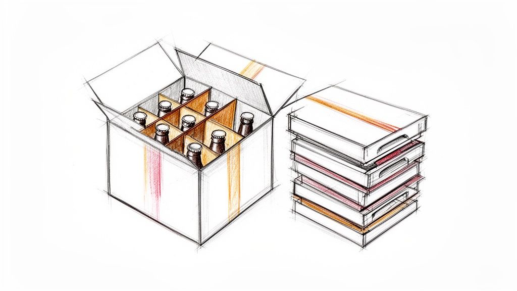 A hand-drawn sketch showing a corrugated cardboard box containing six bottles and a stack of unassembled flat boxes.