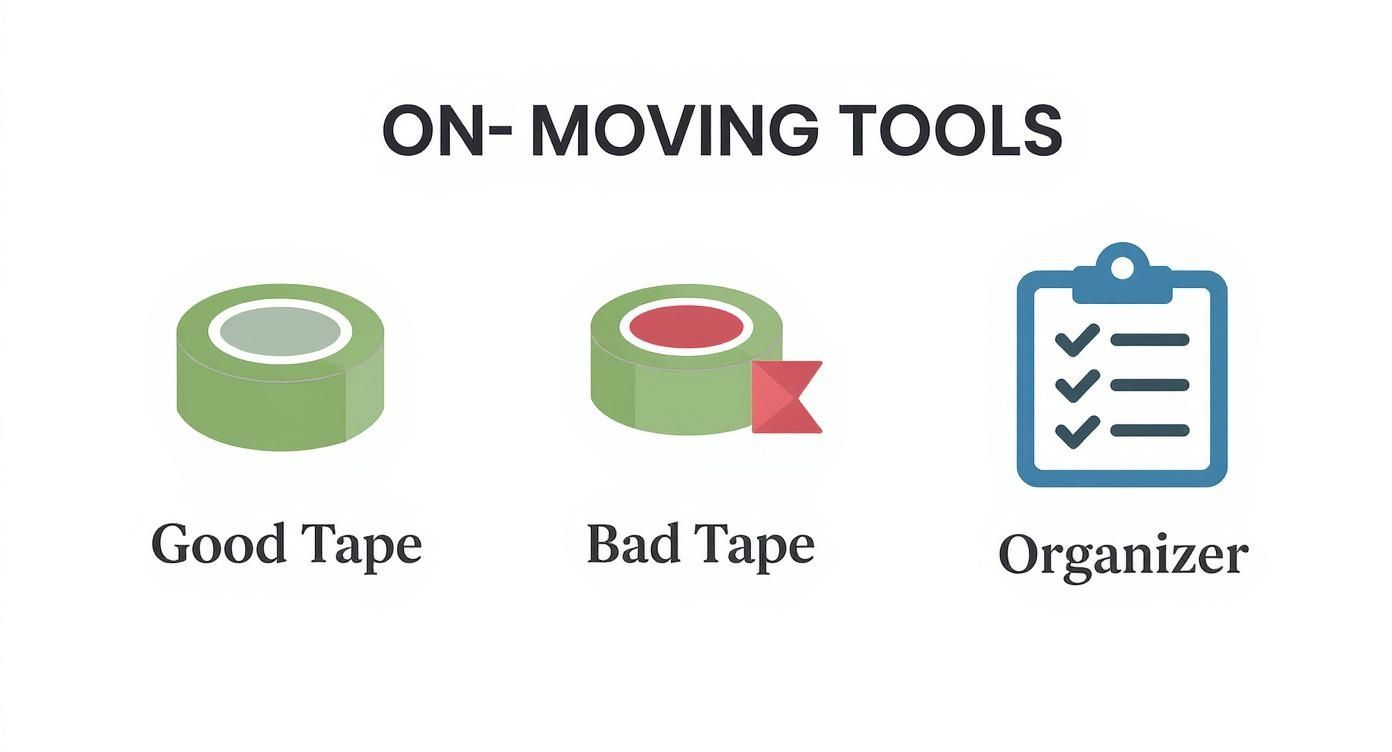 Illustration of moving tools: good tape, bad tape, and an organizer checklist for packing.