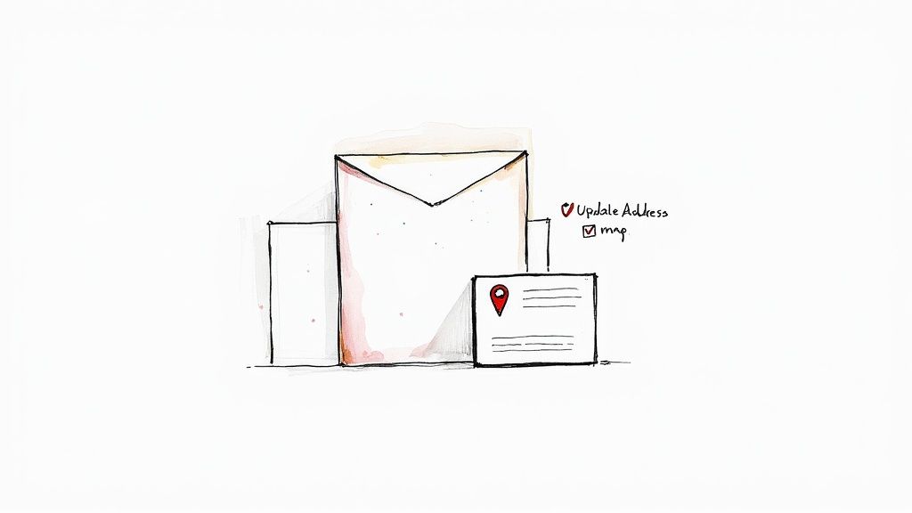 Hand-drawn illustration of an envelope and address card next to an 'Update Address' checklist.