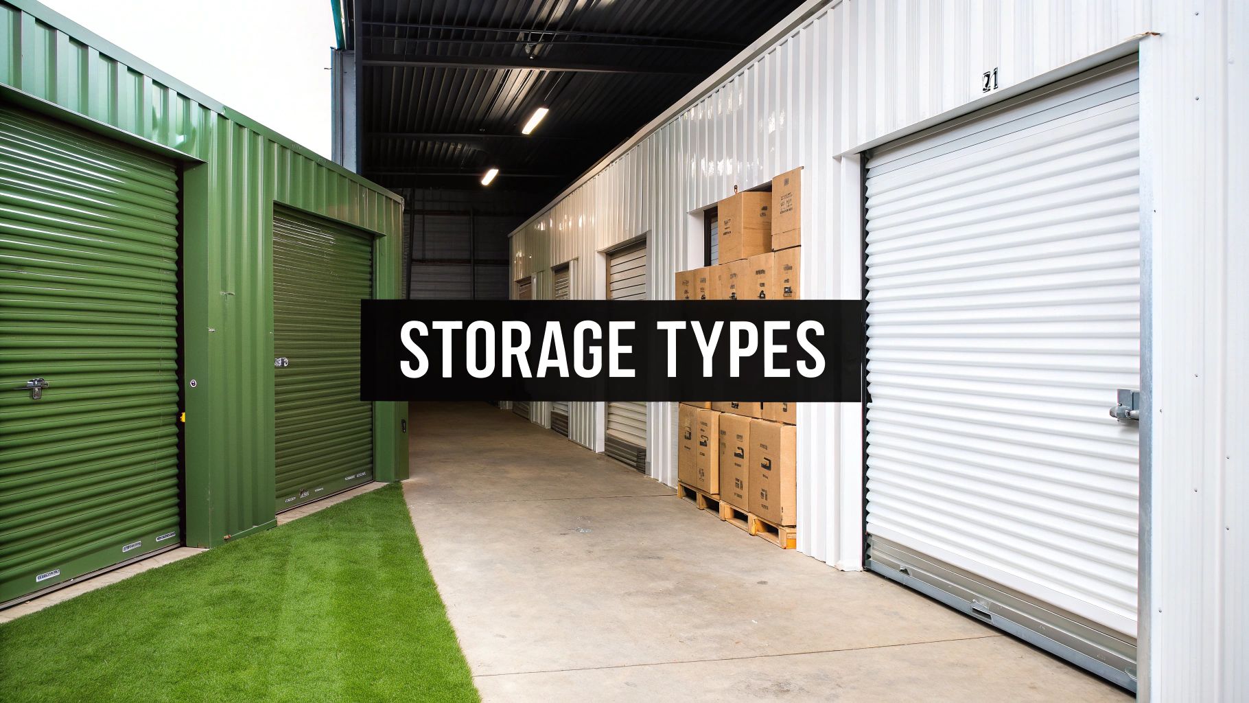 A long hallway of self-storage units, including green and white roll-up doors, with a "STORAGE TYPES" overlay.