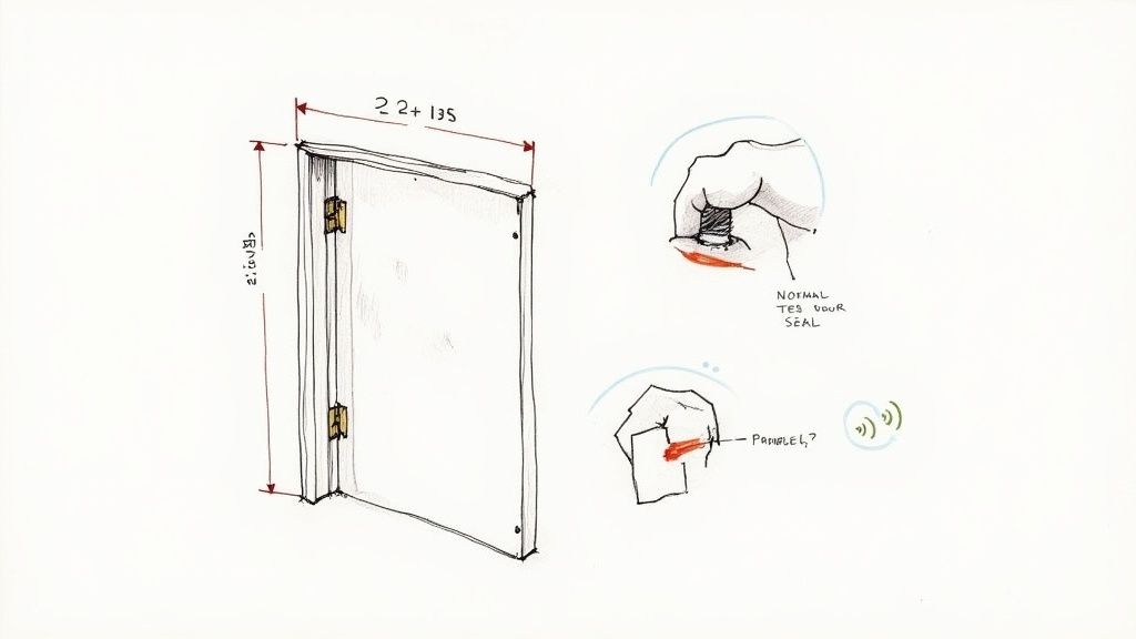 Technical diagram illustrating door dimensions and seal test methods for an integrated appliance.