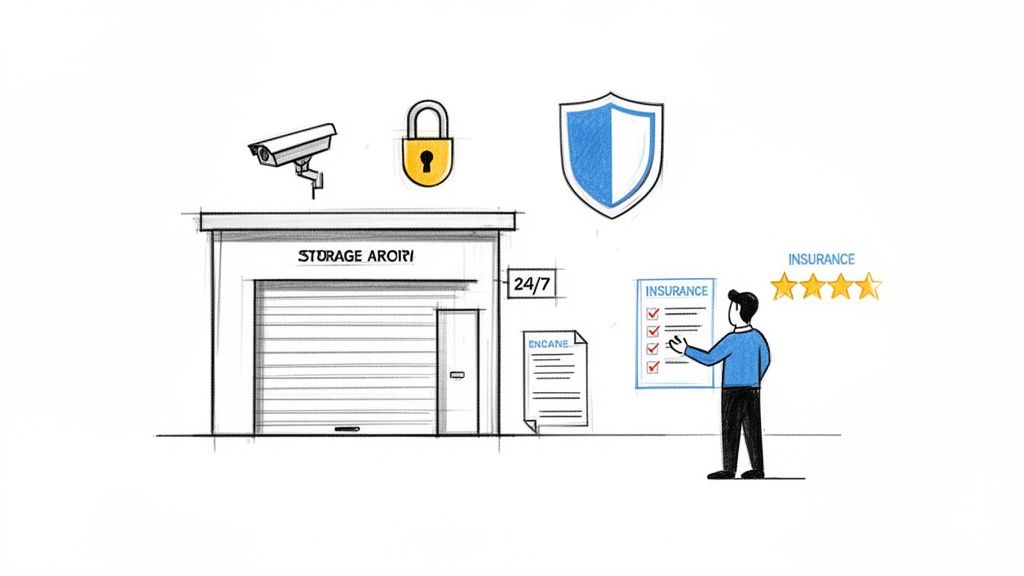 Illustration of a secure storage unit with security camera, padlock, shield, and insurance options.