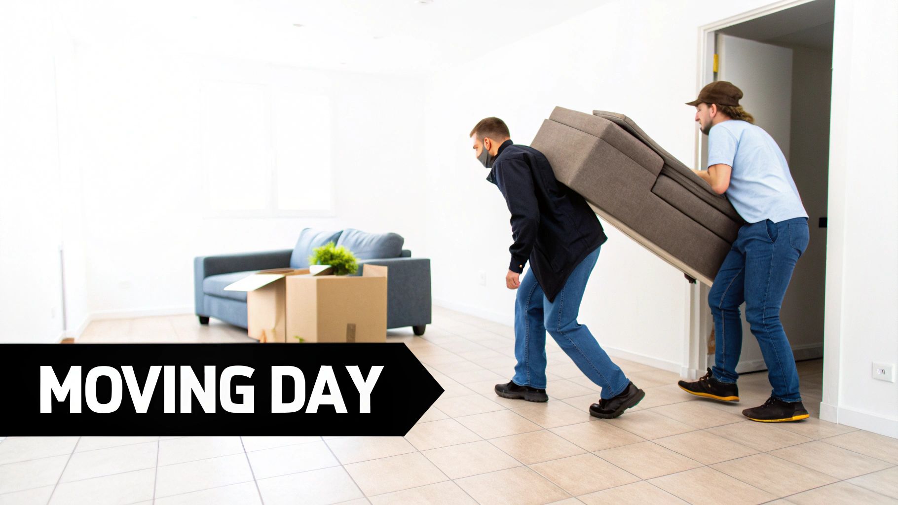Two men carrying a large grey sofa into a bright, empty room on moving day.