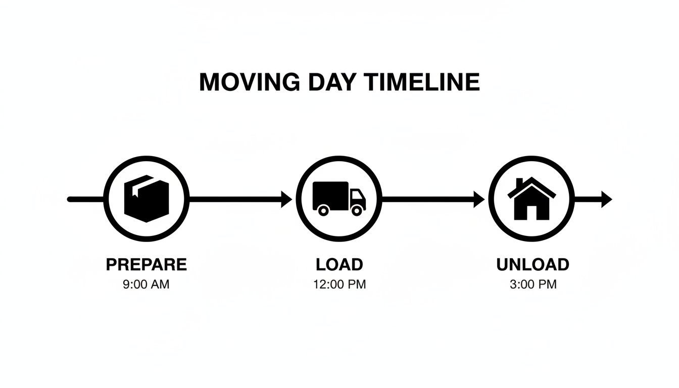 A moving day timeline illustrating prepare, load, and unload steps with corresponding times.