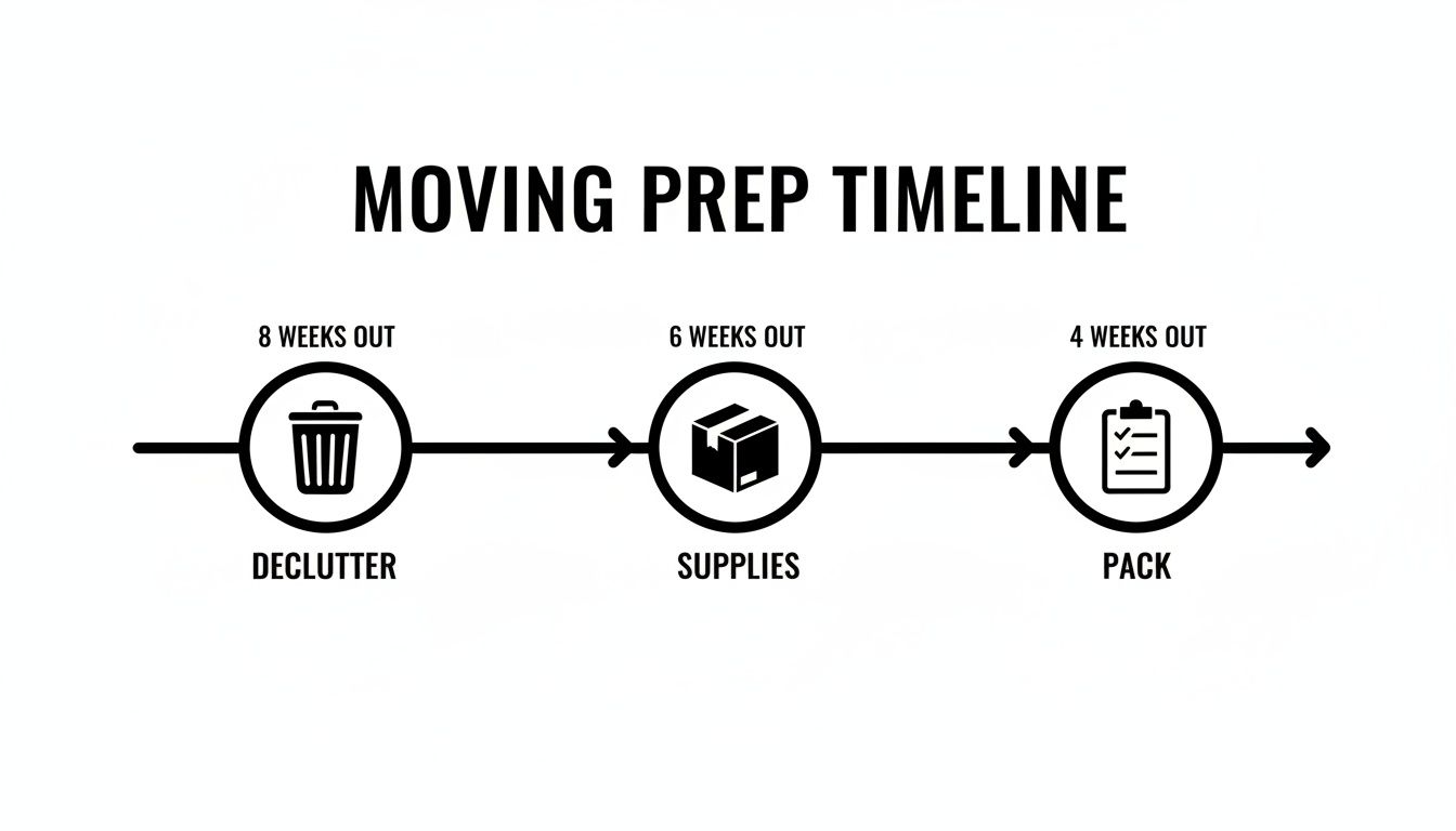 A moving prep timeline showing steps: declutter 8 weeks out, gather supplies 6 weeks out, and pack 4 weeks out.