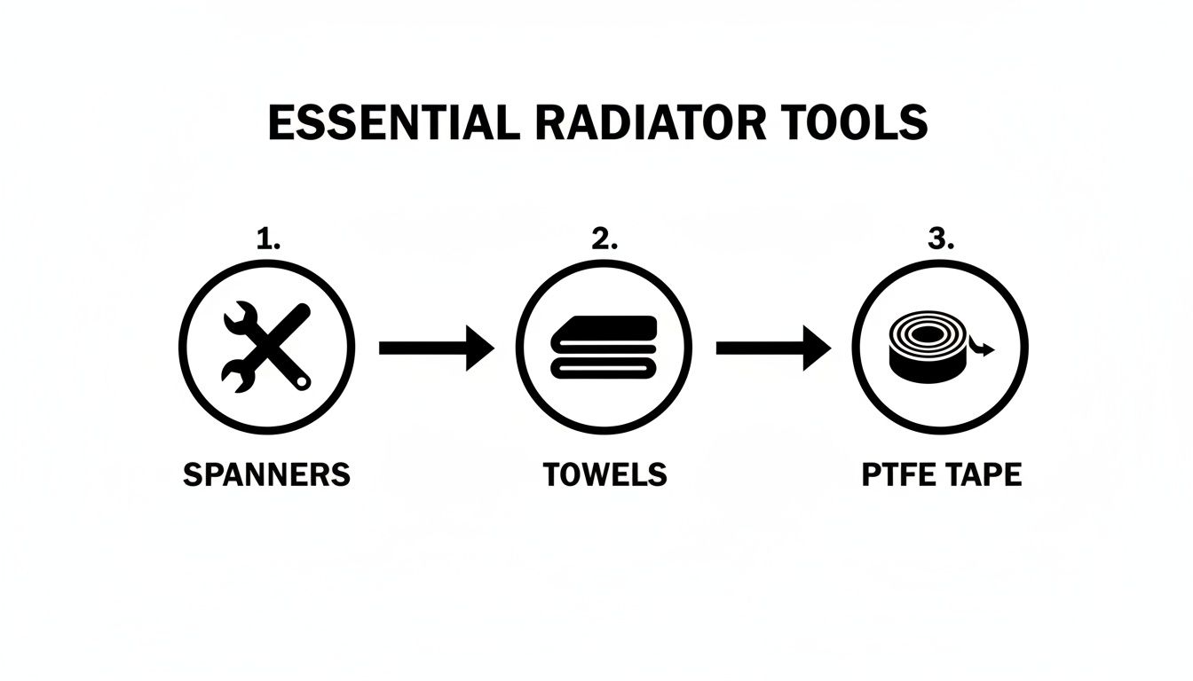 Essential radiator tools diagram showing spanners, towels, and PTFE tape with icons.
