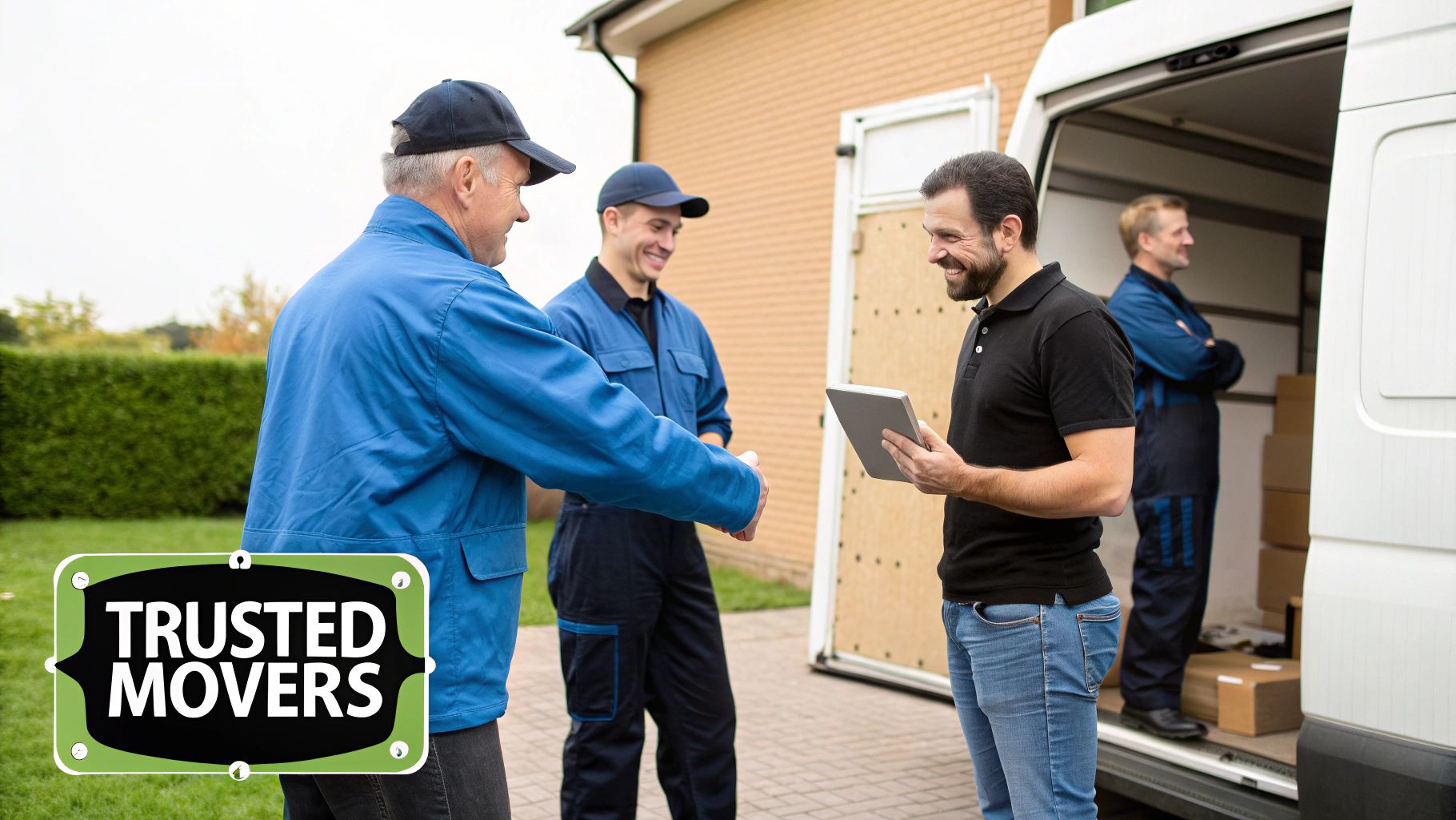 Two trusted movers in blue uniforms greeting a smiling customer holding a tablet, beside a white moving van with boxes.