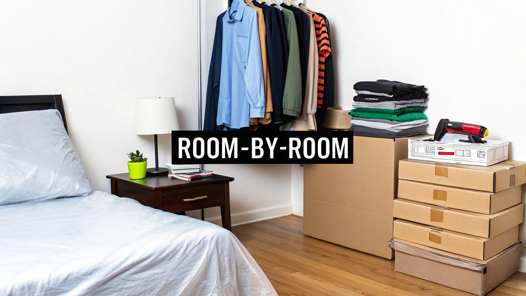 A person applying a clear label to a packed moving box