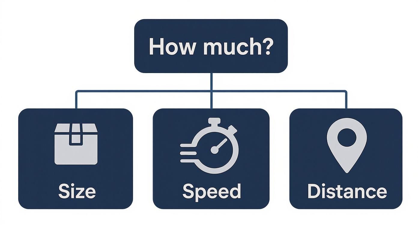 A diagram illustrates that 'How much?' is determined by 'Size', 'Speed', and 'Distance' factors.