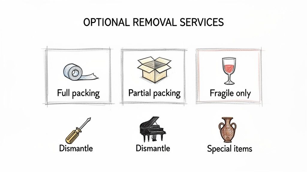 Optional removal services shown with icons for full and partial packing, fragile items, dismantling, and special items.