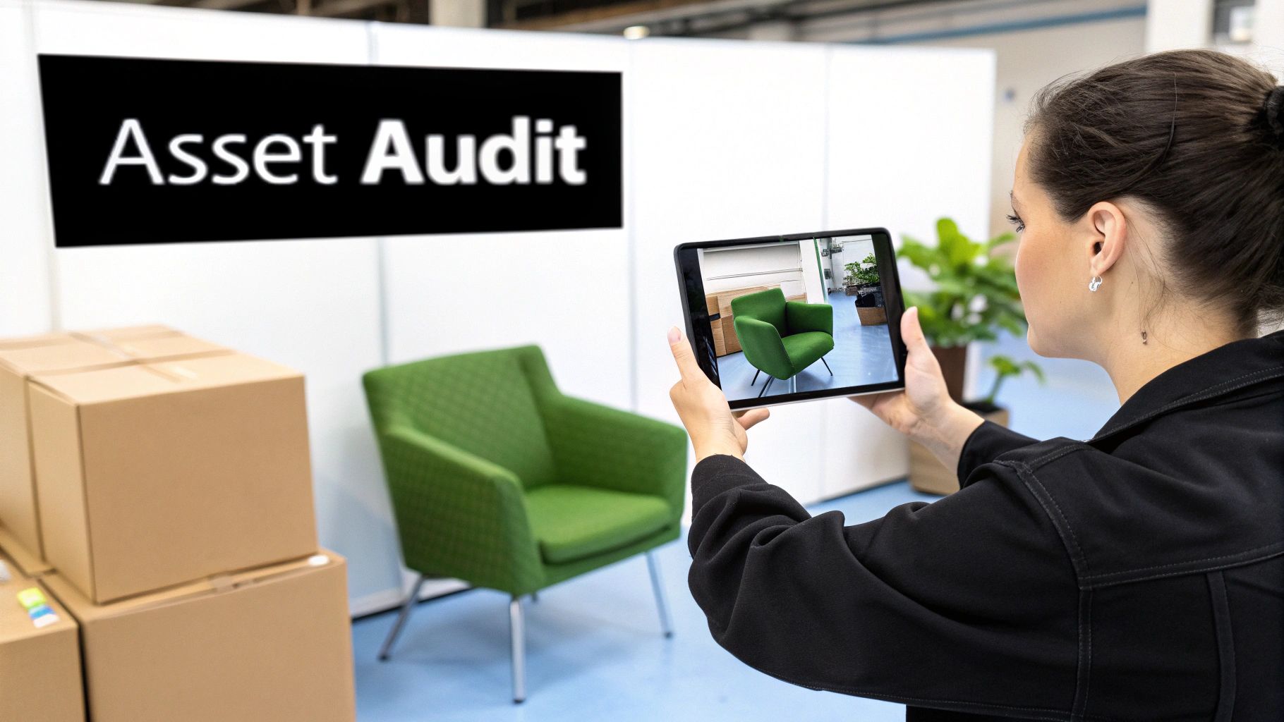 Woman conducting asset audit using tablet to photograph green office chair during relocation inventory process